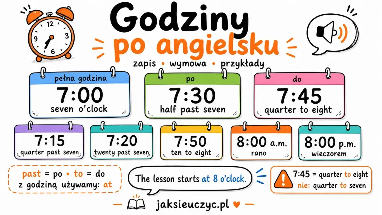 Lekcja zaczyna się o 8:00, czyli "at 8 o'clock". Obrazek pokazuje, jak mówić godziny po angielsku, np. "seven o'clock", "half past seven", "quarter to eight".