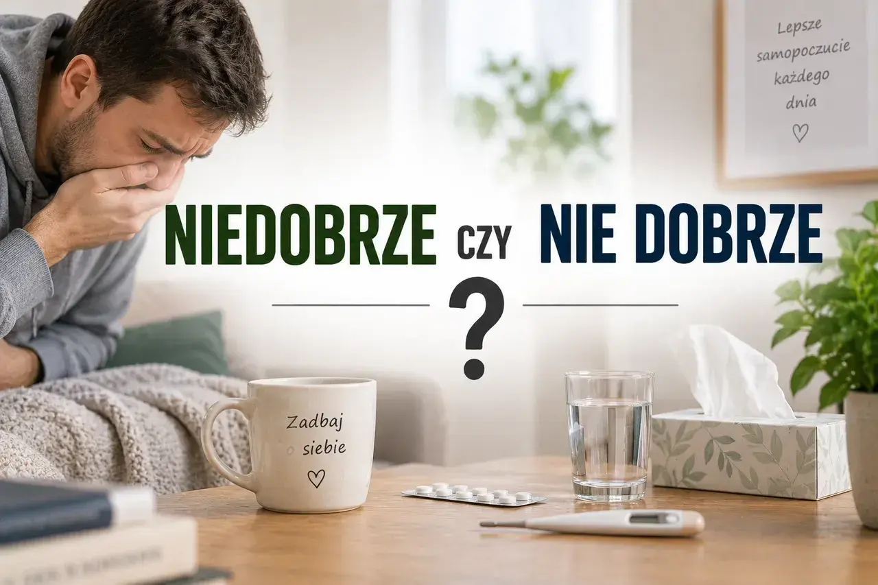 Chory mężczyzna kaszle, obok kubek "Zadbaj o siebie", leki i termometr. Czy to niedobrze, czy nie dobrze?