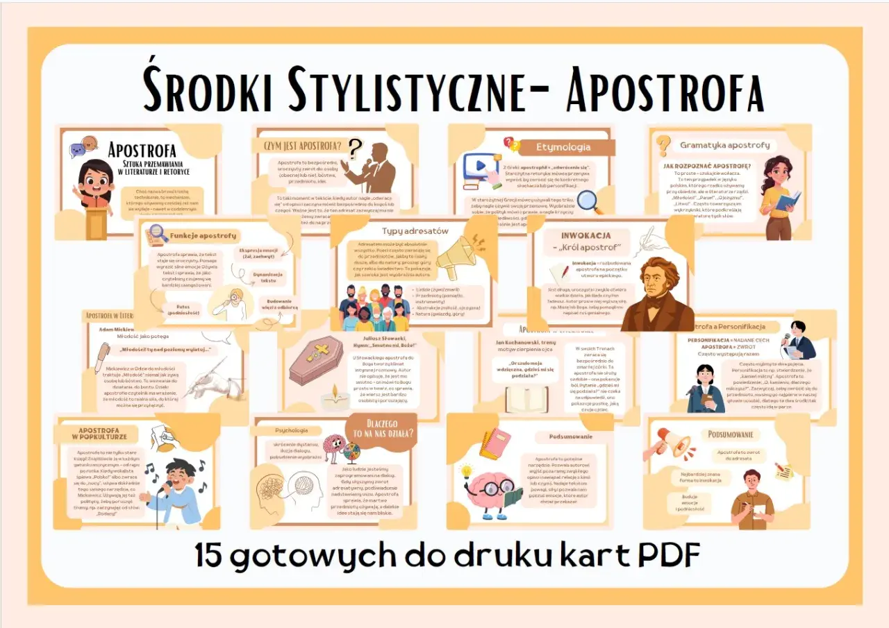 Apostrofa to bezpośredni, uroczysty zwrot do osoby, bóstwa, przedmiotu lub idei. Pomaga wyrazić emocje i ożywić tekst.