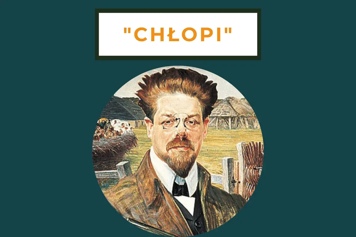 Portret mężczyzny w okularach na tle wiejskiego krajobrazu, nawiązujący do "Chłopów" Reymonta. Jesień na wsi.