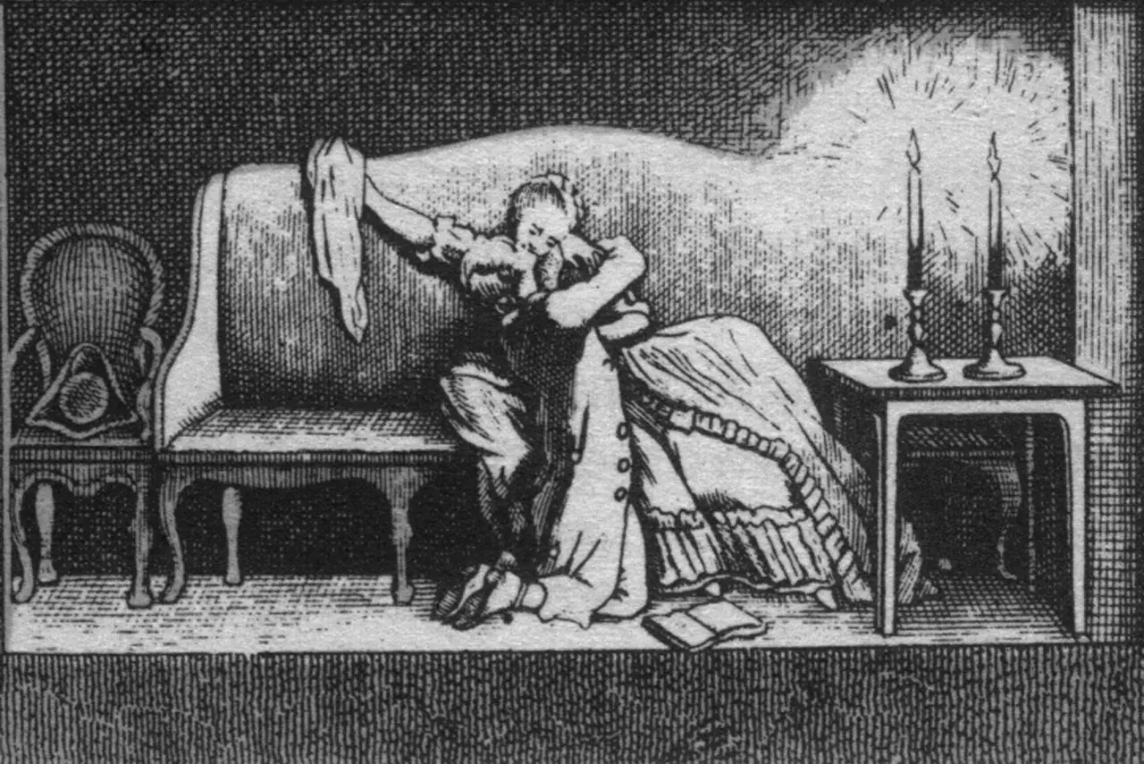 Kobieta w objęciach, przy świecach, symbolizuje irracjonalizm w romantyzmie, gdzie emocje i wyobraźnia dominują nad rozumem.