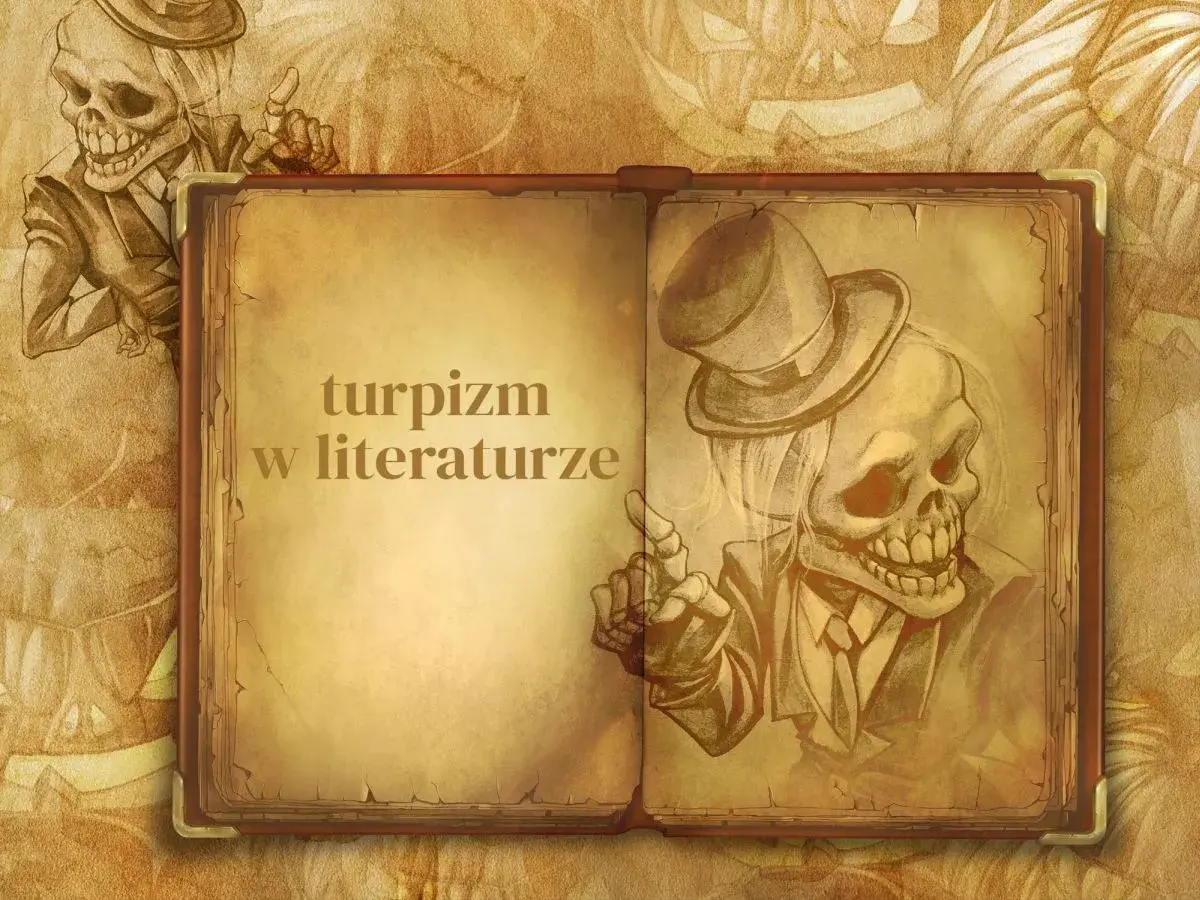 Otwarta księga z napisem "turpizm w literaturze". Po prawej szkic szkieletu w cylindrze i garniturze, wskazującego palcem.