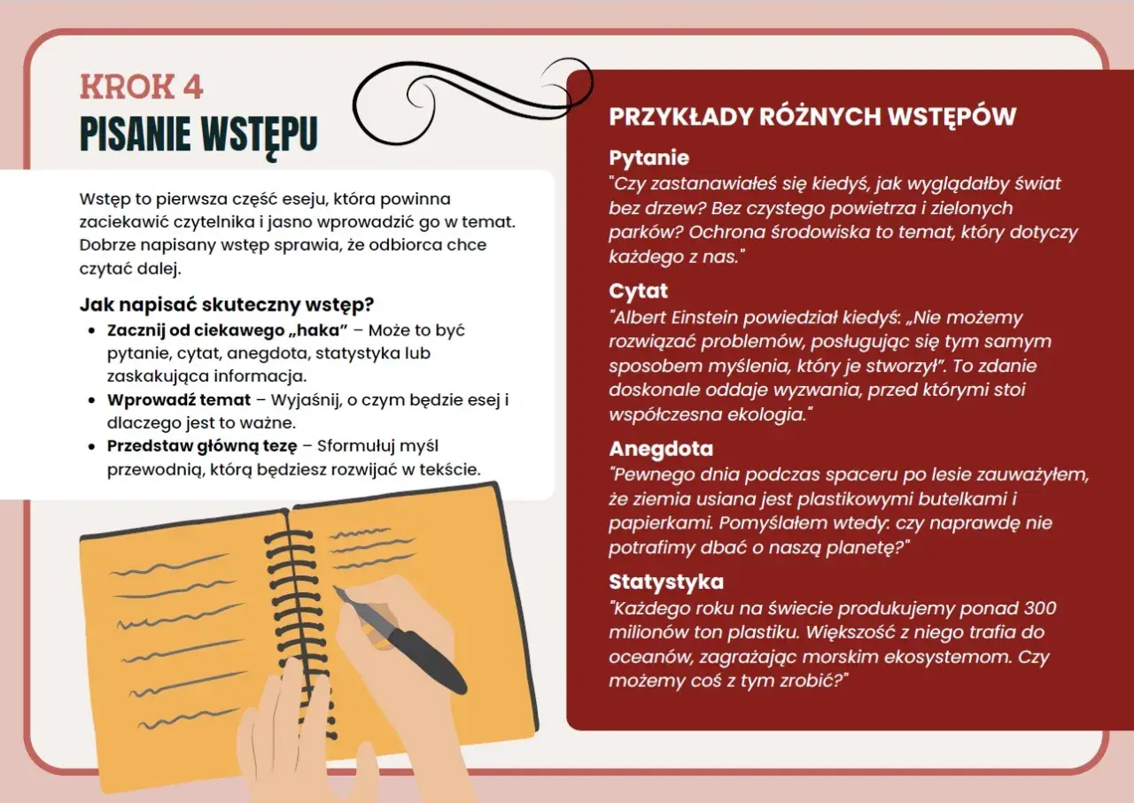 Jak napisać wstęp do eseju? Poznaj przykłady: pytanie, cytat, anegdota, statystyka. To pierwszy krok do napisania dobrego elaboratu.