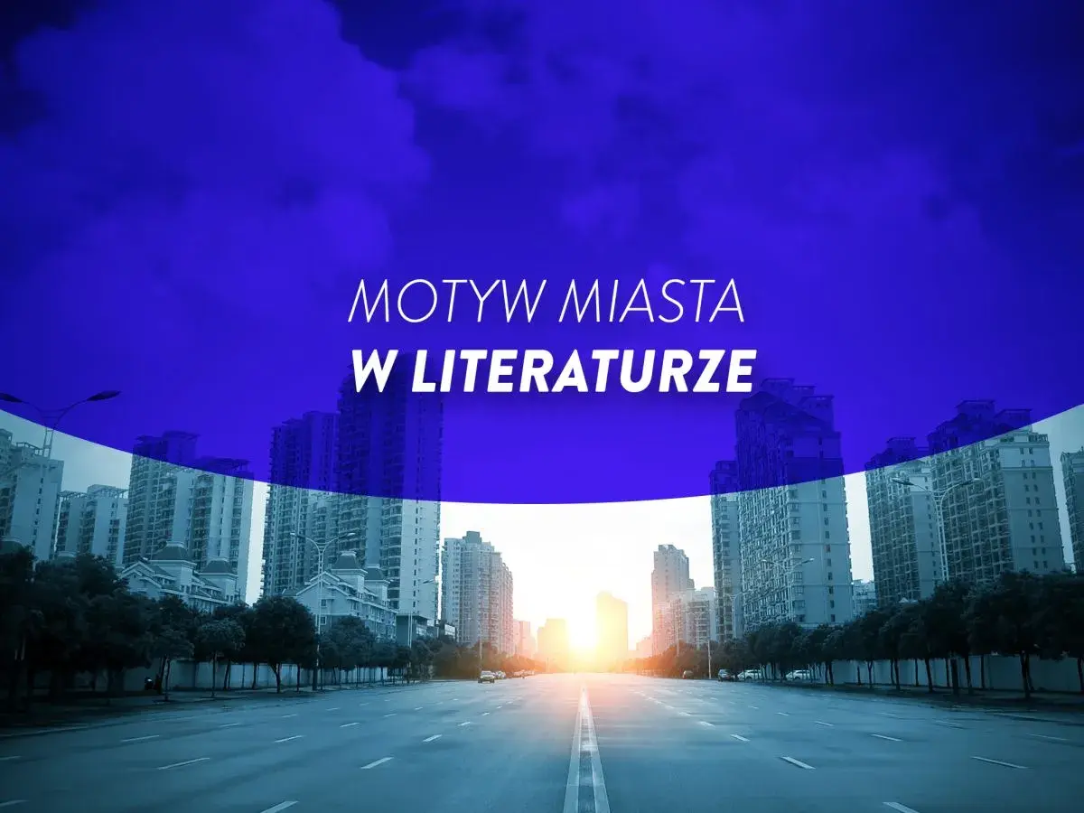 Motyw miasta w lekturach: nowoczesne budynki i ulica oświetlona zachodzącym słońcem.