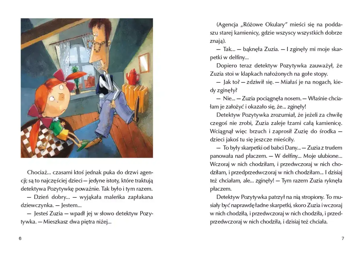Detektyw Pozytywka i Zuzia szukają zaginionych skarpetek w delfiny. Zuzia płacze, bo to jej ulubione.