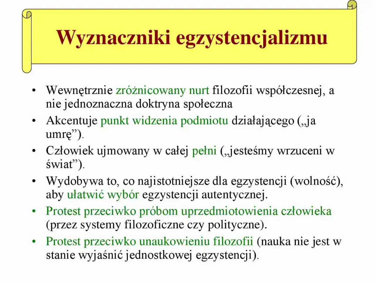 Egzystencjalizm co to? Nurt filozofii podkreślający wolność, punkt widzenia jednostki i protest przeciwko uprzedmiotowieniu.