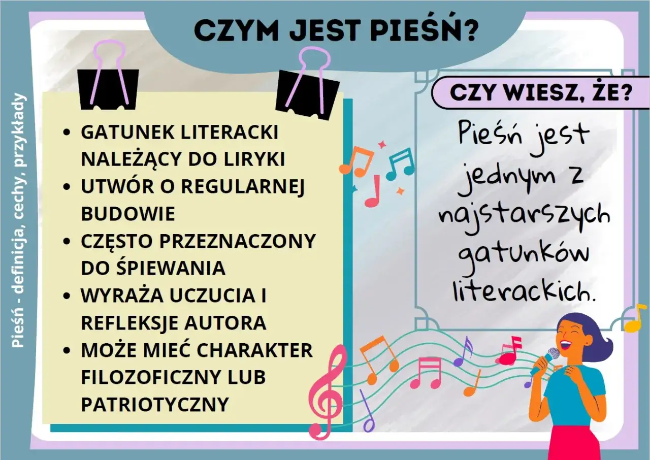 Cechy gatunkowe pieśni: liryka, regularna budowa, śpiewność, wyrażanie uczuć, filozoficzny lub patriotyczny charakter.