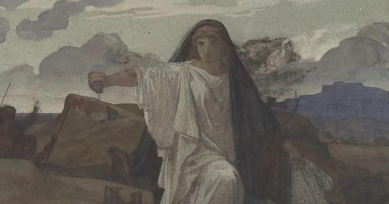 Antygona, symbol konfliktu tragicznego, z mieczem w dłoni, w otoczeniu mrocznych chmur i twierdzy.