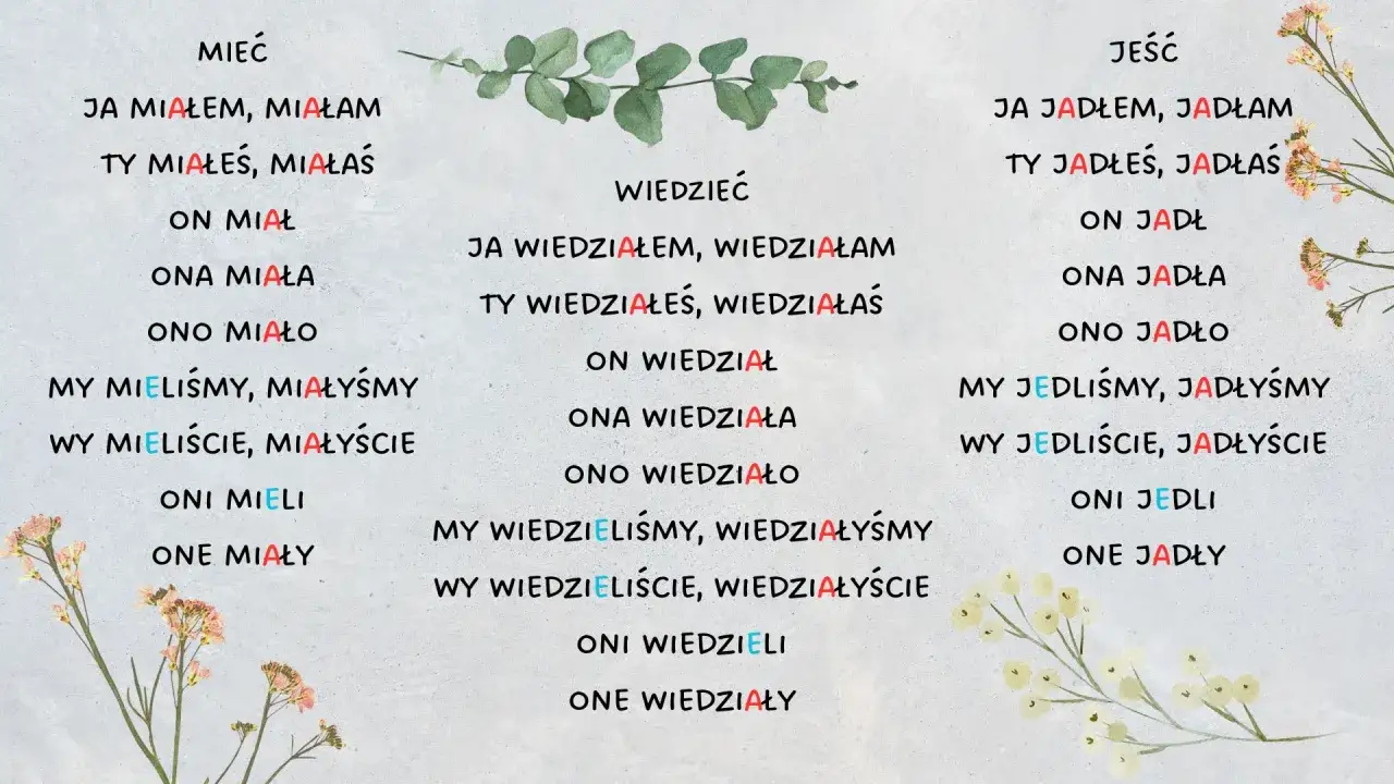 Tabela koniugacji czasowników: mieć, wiedzieć, jeść. Widać, że