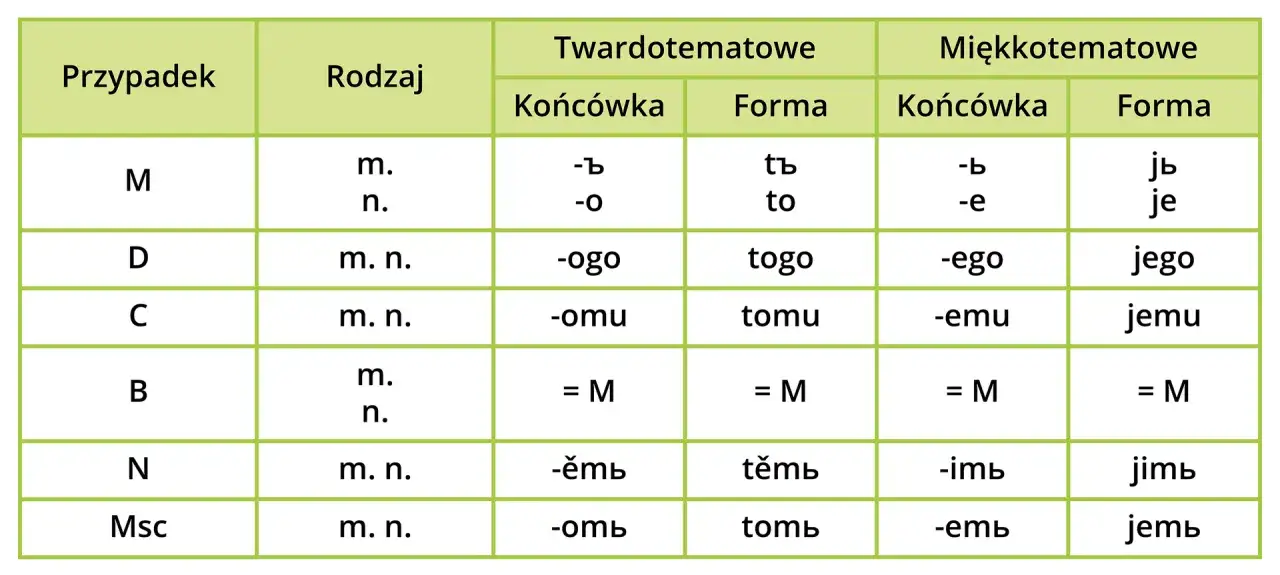 Tabela odmiany zaimków, pokazująca formy typu moi czy moji w zależności od przypadku i rodzaju.