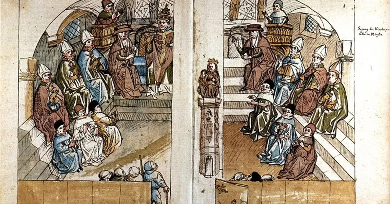 Synod z udziałem duchownych, gdzie dyskutuje się o tym, kim jest heretyk.