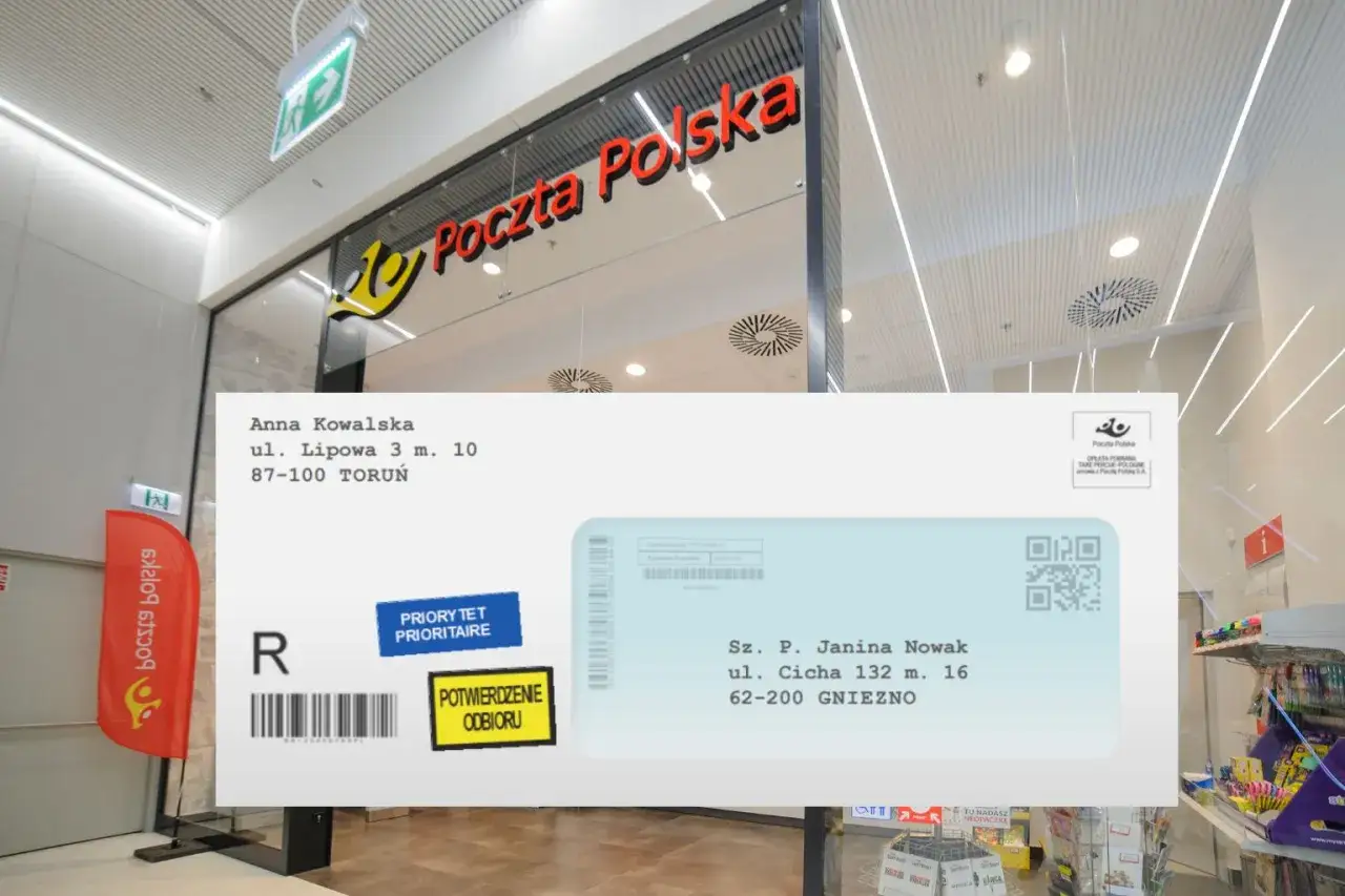 List Poczty Polskiej z adresem nadawcy i odbiorcy, z etykietami