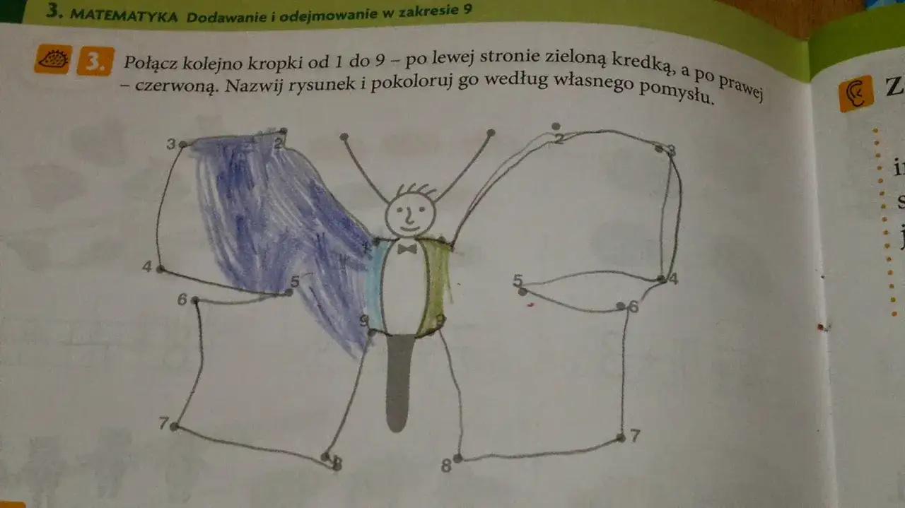Połączenie kropek od 1 do 9 to nie lada wyzwanie, by narysować motyla. Lewe skrzydło jest niebieskie, prawe zielone.