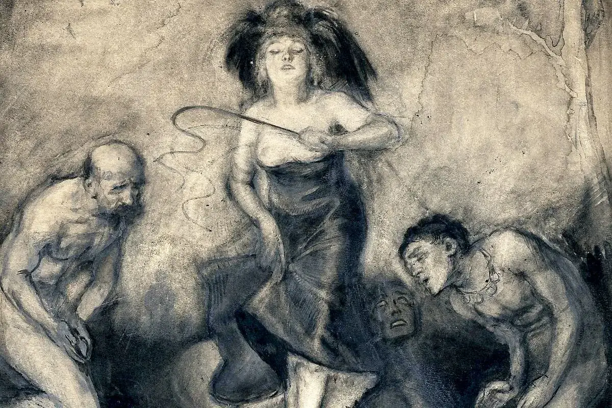 Kobieta z biczem nad klęczącymi mężczyznami. Scena sugeruje mitologizację w literaturze, ukazując władzę i uległość.