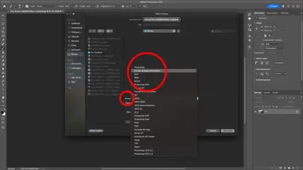 Wybieranie formatu "Format dużego dokumentu" w Photoshopie, jak post scriptum skrót do zapisania pliku.