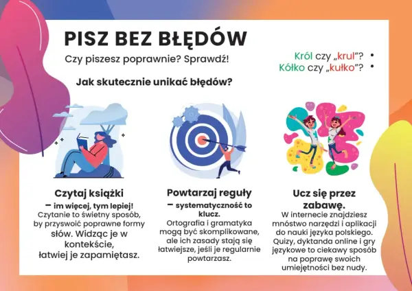 Grafika zachęca do pisania bez błędów, podając sposoby: czytaj książki, powtarzaj reguły i ucz się przez zabawę. Król czy „krul"? Kółko czy „kułko"?